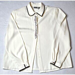 Vintage Koret Women Size 14 Ivory Blouse With Embroidered Floral Design & Velvet